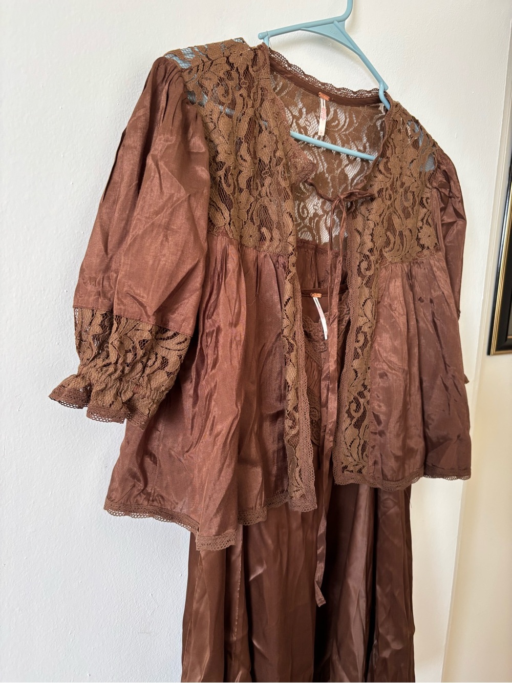 Free People Chocolate Brown Satin Lace Trim Slip Dress - Picture 6 of 12